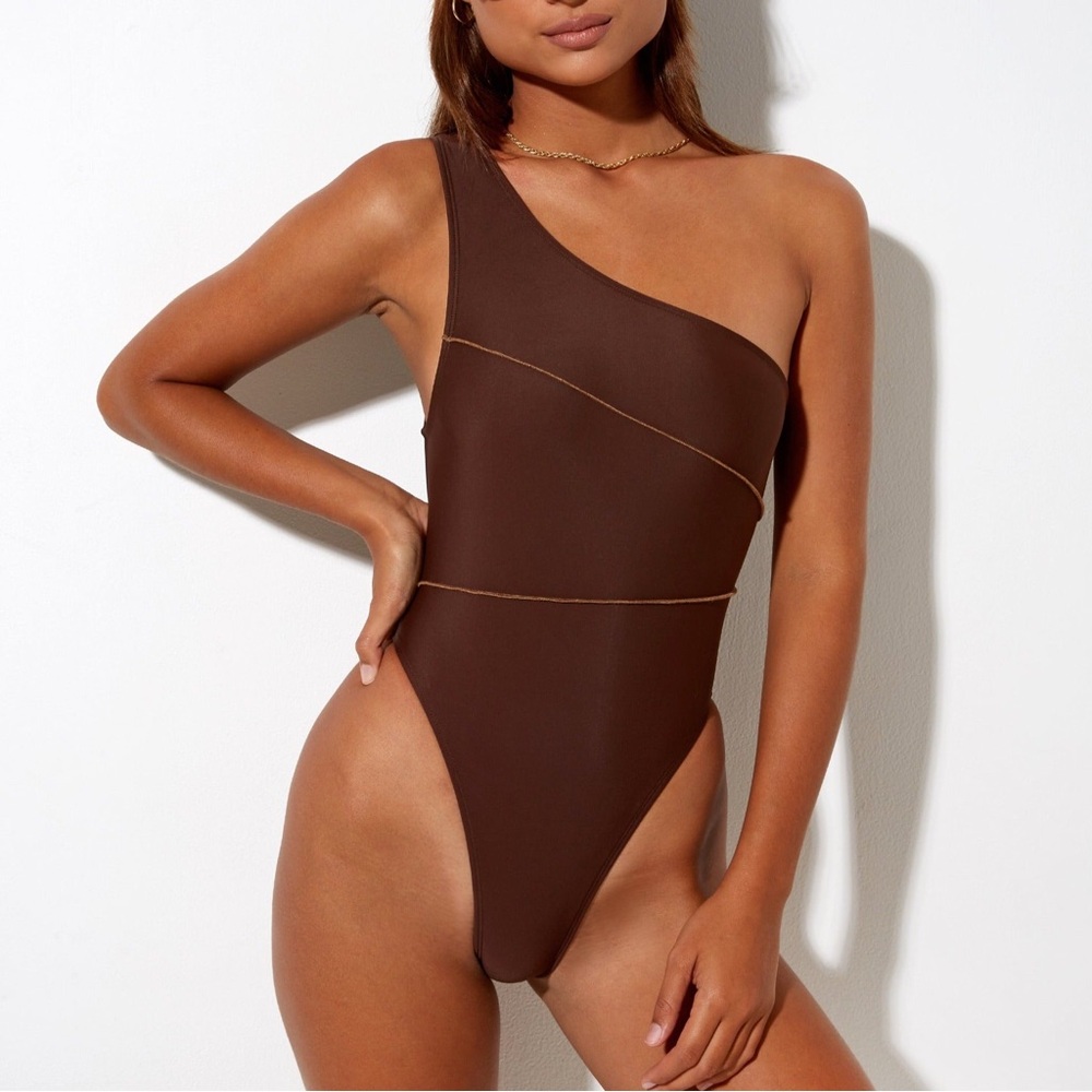 Motel Rocks, Aiko Asymmetrical One Piece Swimsuit in Choco Brown